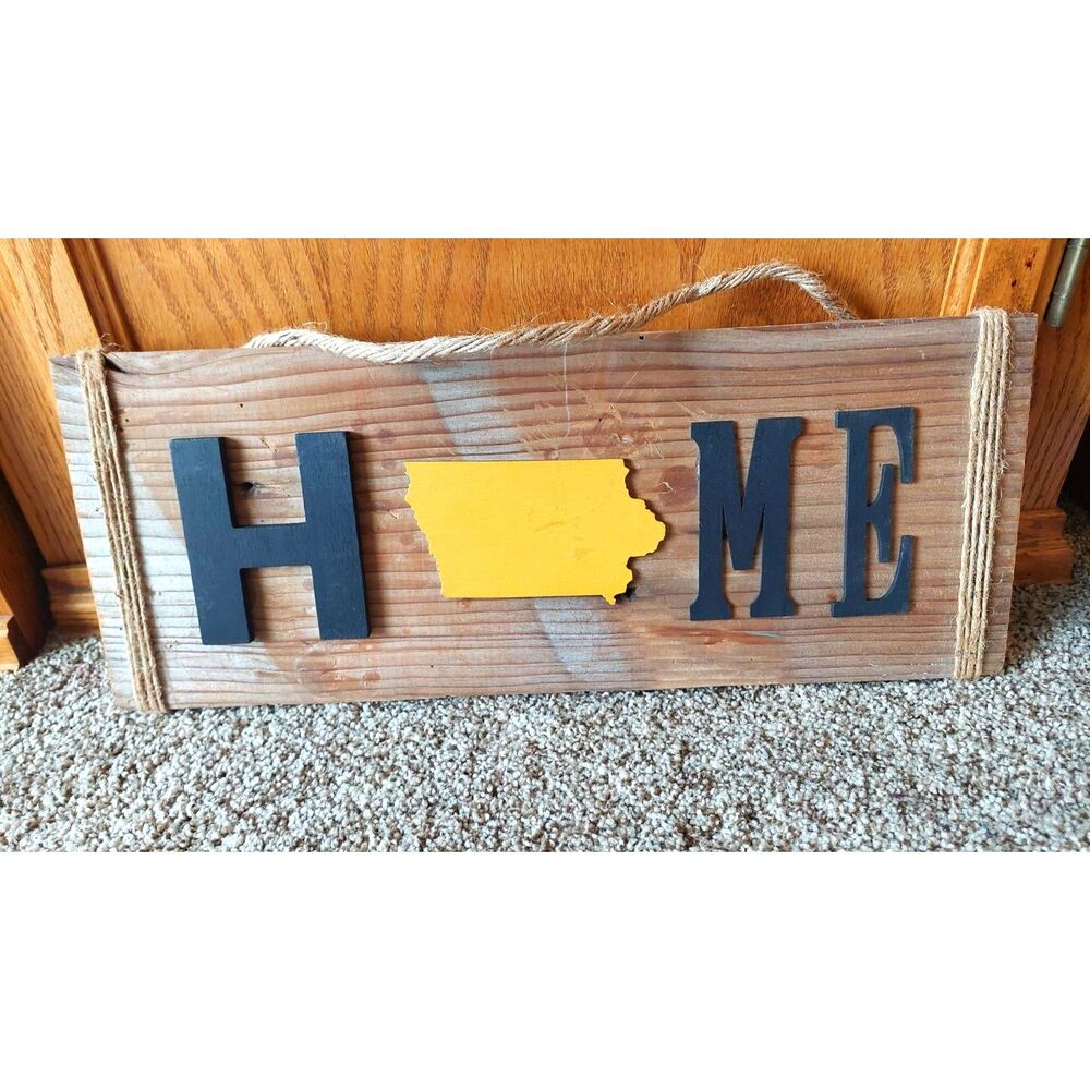 Iowa HOME Rustic Wood Wall Sign 18” Farmhouse State Decor Jute Hanger